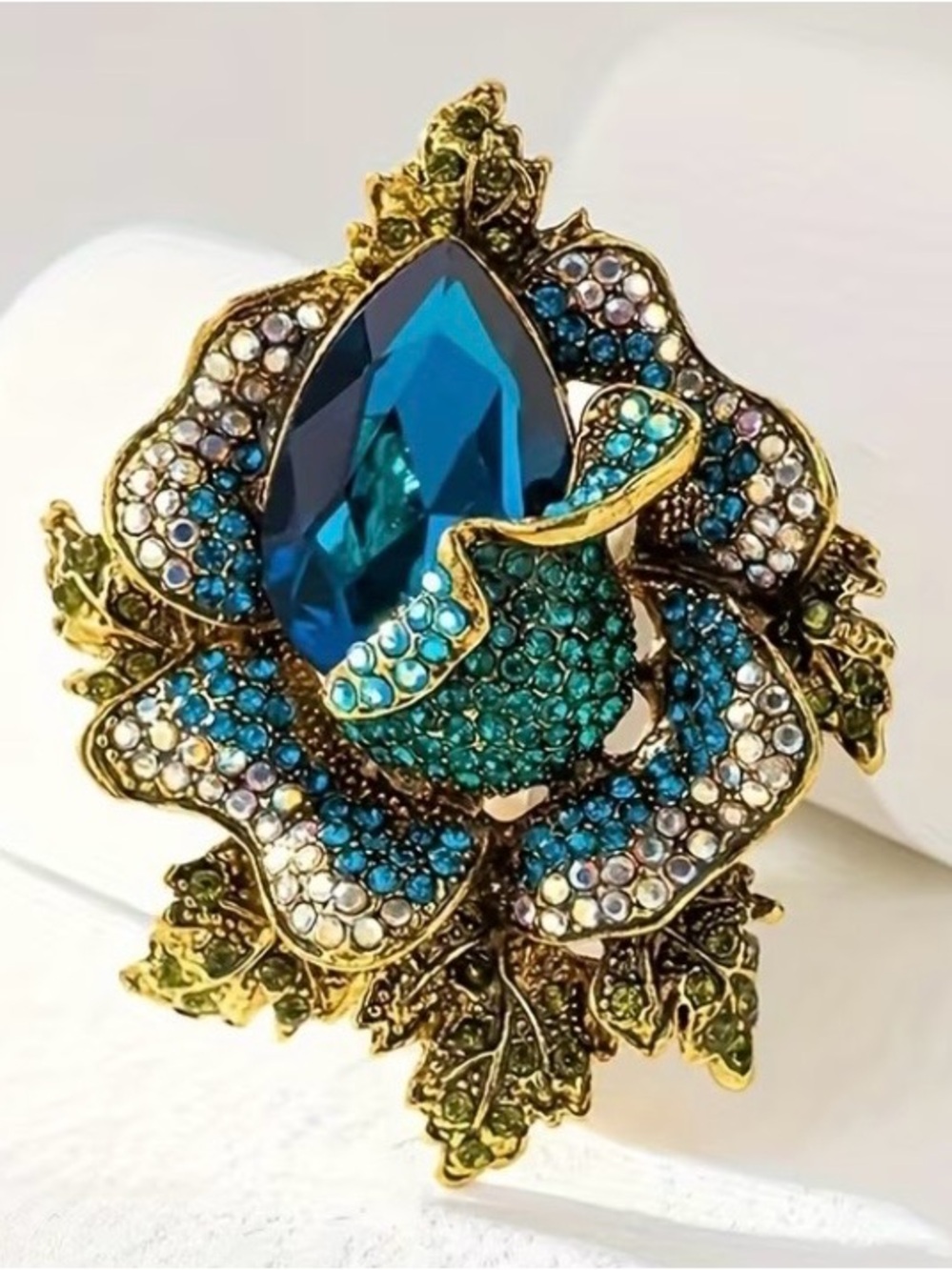 Blue Rose Floral Statement Brooch Rhinestone Vintage Style